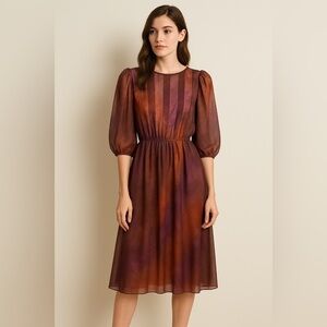 Vintage Jackie Taub ILGWU Dress Purple Orange Sheer Overlay Puff Sleeve Small